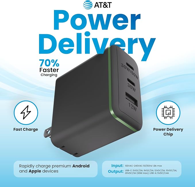 AT&ampT USB-C Wall Charger Fast Charging Power Adapter Foldable Prongs Travel-Friendly for Compatible with iPhone iPad Samsung Galaxy Google Pixel (20W White)