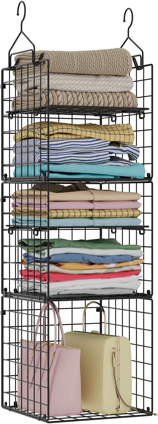 X-cosrack Hanging Closet Organizer and Storage - 5-Tier Closet Storage Organizer Baskets for Clothes & Adjustable Collapsible Metal Closet Hanging Organizer Shelves for Sweaters Shoes Handbags