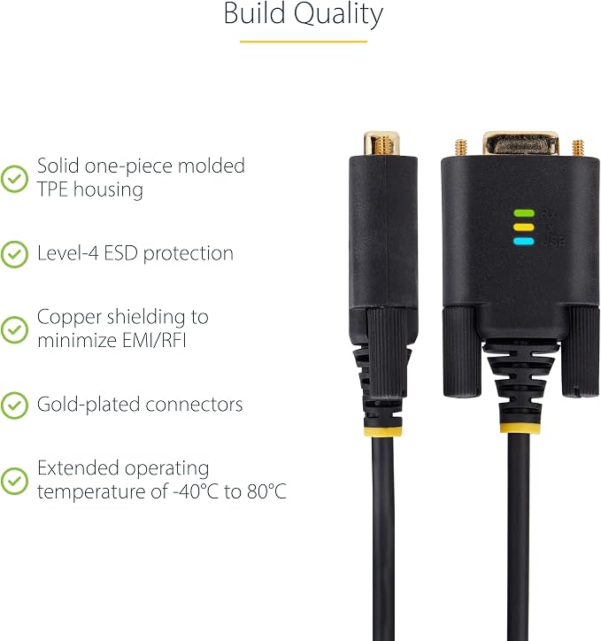 StarTech 10ft USB to Serial Adapter Cable FTDI IC (1P10FFC-USB-SERIAL) | USB-A to DB9 RS232 Interchangeable DB9 Screws Nuts COM Retention LED Indicators