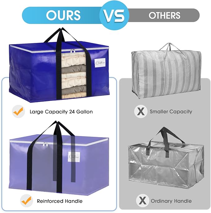 BlissTotes 6 Pack Moving Bags with Clear Window, Storage Bags with Strong Carrying Handles & Zippers,Large Packing Bags for Saving Space, Alternative to Moving Boxes(Blue,24 Gallon)