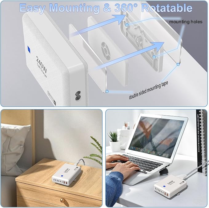 8-Port Multi Charging Stations 200W with Flat Plug Braided Power Cord and On/Off Switch- USB Charging Hub for iPhone iPad MacBook and More- 65W C Port Power Adapter for Laptops