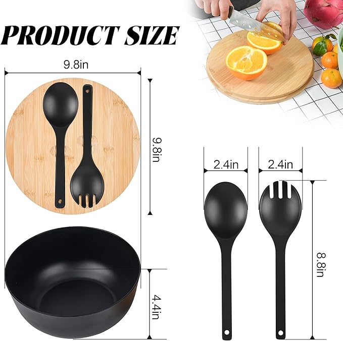 GEHE Bamboo Fiber Salad Bowl with Servers Set - Large 9.8 inches mixing bowls Solid Bamboo Salad Wooden Bowl with Bamboo Lid Spoon for Fruits,Salads and Decoration (Black, 9.8INCH)