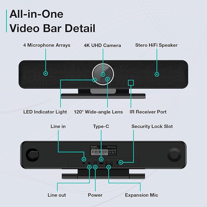 RayBit TB5 Video Conferencing System - Zoom Certificated, Ultra 4K Pro Audio and Video Conference Room Camera with 4 Microphone Arrays & Stereo Speakers, 120° Wide Angle Webcam for TV/Meeting Room