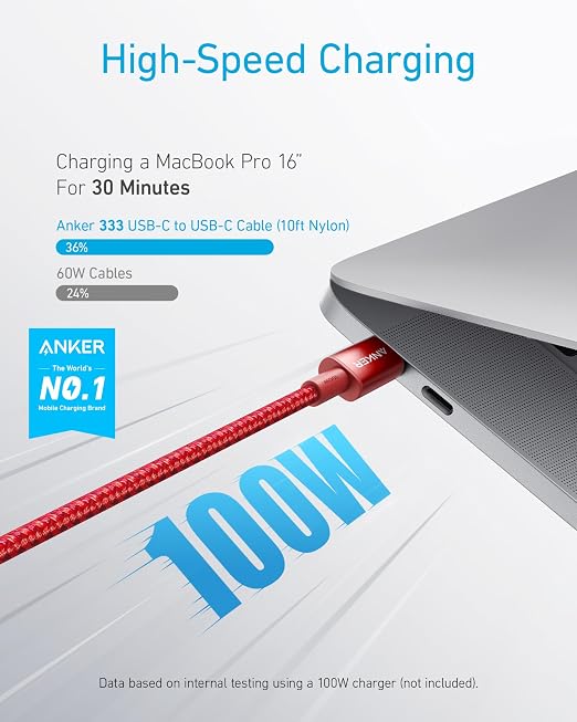 Anker USB C to USB C Cable 100W Fast Charging Cable (2-Pack 10 ft Black) | For iPhone 17 Series MacBook Pro 2020 Pixel and More (Not for Video Output)