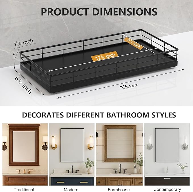 Toilet Paper Basket Organizer – Oak Wood Toilet Tank Tray with Metal Frame, Back of Tank or Top Bathroom Counter Storage – Black Modern Decor