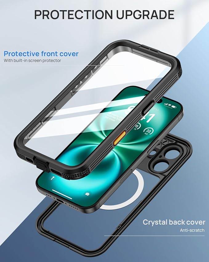 Lanhiem Magnetic Case for iPhone 16 Plus, IP68 Waterproof Dustproof Phone Case, [Compatible with Magsafe] [Built-in Screen Protector] Full Body Heavy Duty Rugged Phone Cover 6.7 inch, Black