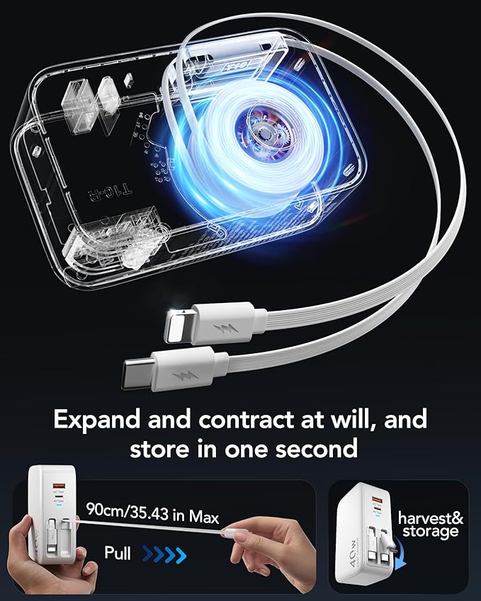 4 in 1 Retractable Wall Charger for iPhone 17Retractable Phone Charger Wall PlugTravel Essentials Retractable Charger for iPhone 17 Pro Max/17 Pro/17 Air/16/15/14/13/12Galaxy S26Pixel 10iPad