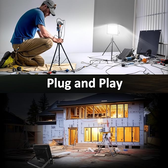 300W Flood Lights Outdoor,27000LM Bright Work Light Plug in,6500K Daylight White LED Flood Light Outdoor, IP66 Waterproof Exterior Floodlight for Yard Garage Stadium 2 Pack