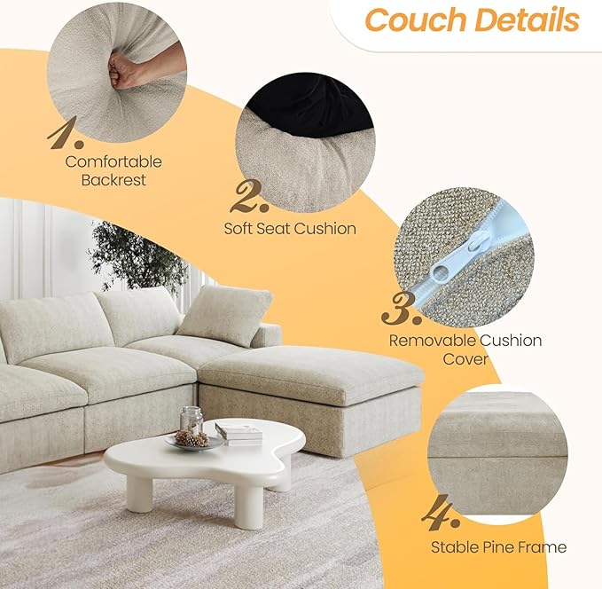 JACH 120" L Shape Cloud Sectional Couches for Living Room, Modern Convertible Modular Sofa, Couch Cushion Covers Removable, Sectional Sofas for Party Bedroom Apartment (Khaki)