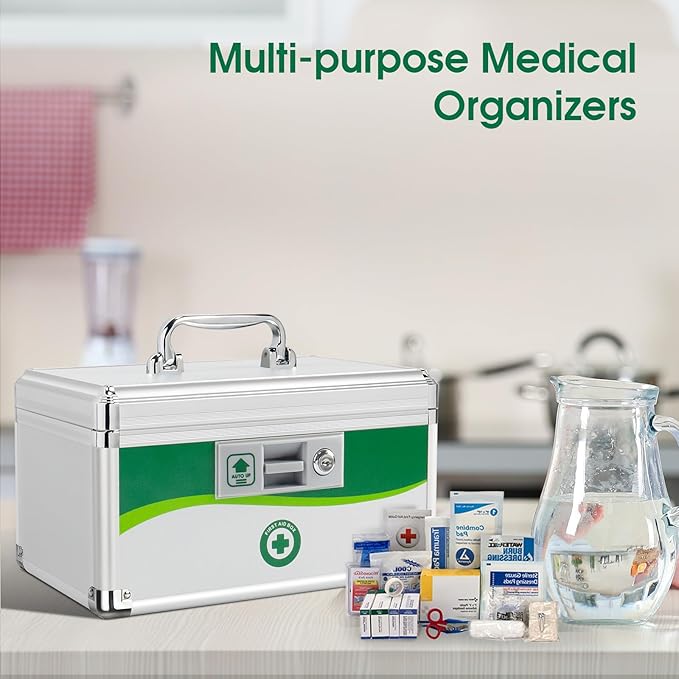 Medicine Lock Box, First Aid Safe Medication Storage Box, Layered Aluminum Daily Medicine Lockable Box with Key (X-Large)
