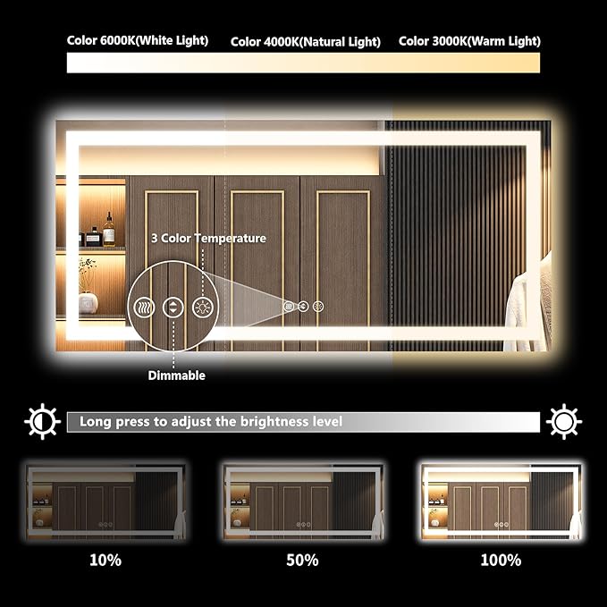YEELAIT 72x36 Inch LED Bathroom Mirror with Lights Front and Backlit Lighted Vanity Mirror for Bathroom Wall with 3 Colors Dimmable Anti-Fog Memory Shatter-Proof IP54 Waterproof Horizontal/Vertical