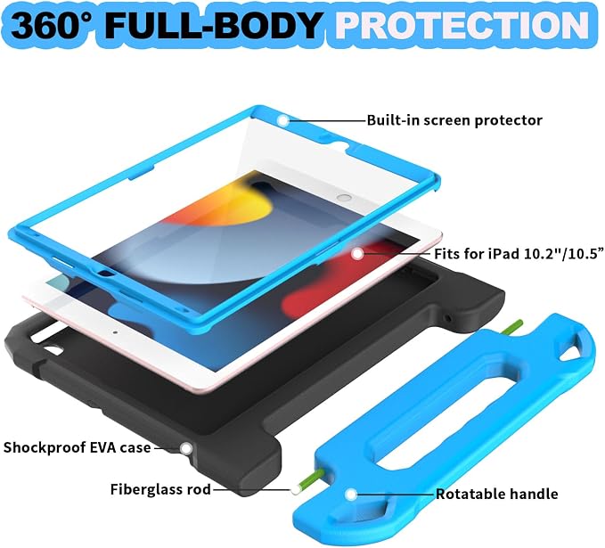 YIHE Kids Case for iPad 10.2 9th/8th/7th Gen Pro 10.5 &amp Air 3 BlackBlue | Full Body Shockproof Protective Cover Handle Stand Built-in Screen Protector Fun Colors
