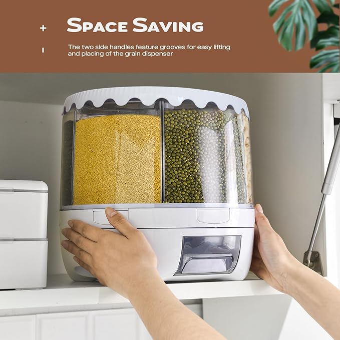 Grain Dispenser, 360° Rotating Storage Container, 6 Grid Food Dispenser with Storage Sealed Lid, Rice Dispenser for Kitchen Grains, Beans, Rice