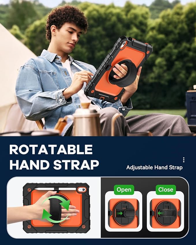 Cantis Case for iPad 11-inch (A16) 2025/ iPad 10th Generation 2022 (10.9 inch) with Screen Protector, iPad 11th Case with 360 Degree Rotating Stand/Shoulder Strap/Pencil Holder, Black+Orange