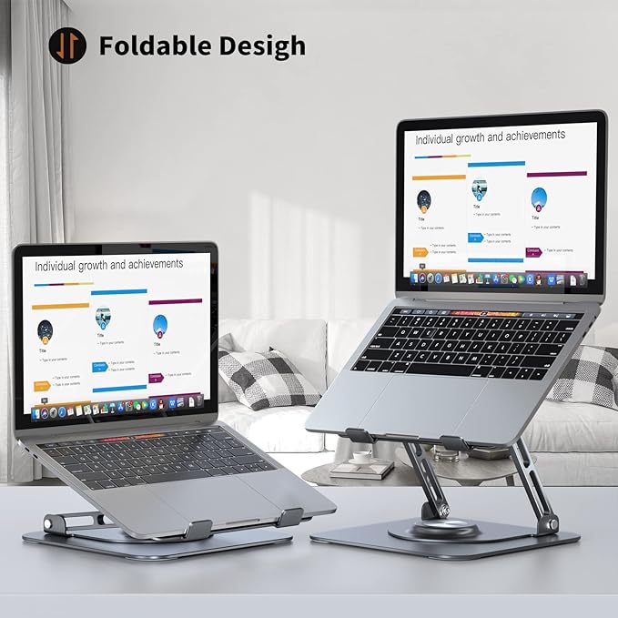 Laptop Stand for Desk, Adjustable Computer Stand with 360° Rotating Base, Ergonomic Laptop Riser for Collaborative Work, Foldable & Portable Laptop Stand, fits for All 10-16" Laptops (Grey)