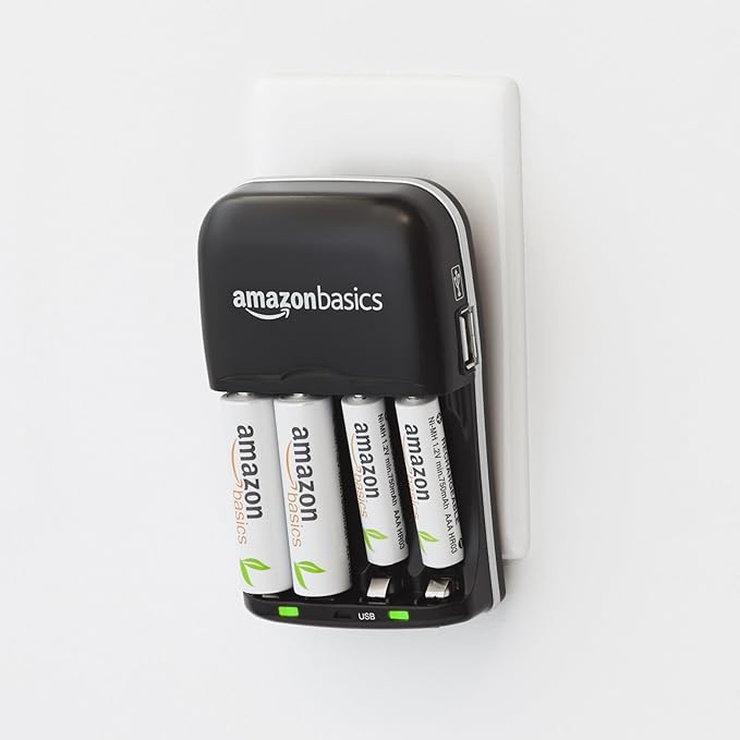 Amazon Basics Rechargeable Battery Charger for AA & AAA Ni-MH Batteries with USB Port, Portable, Travel-Friendly, Over-Charge Protection, Black