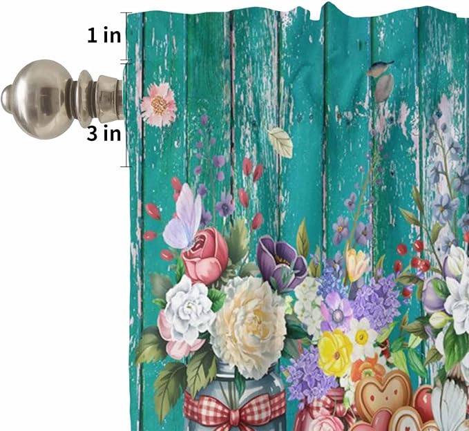 Kitchen Curtains Tiers and Valance Set of 3, Spring Flowers Light Filtering