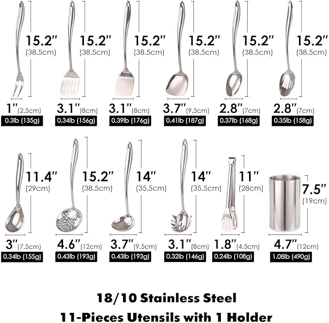18/10 Stainless Steel Kitchen Utensils Set with Holder for Countertop