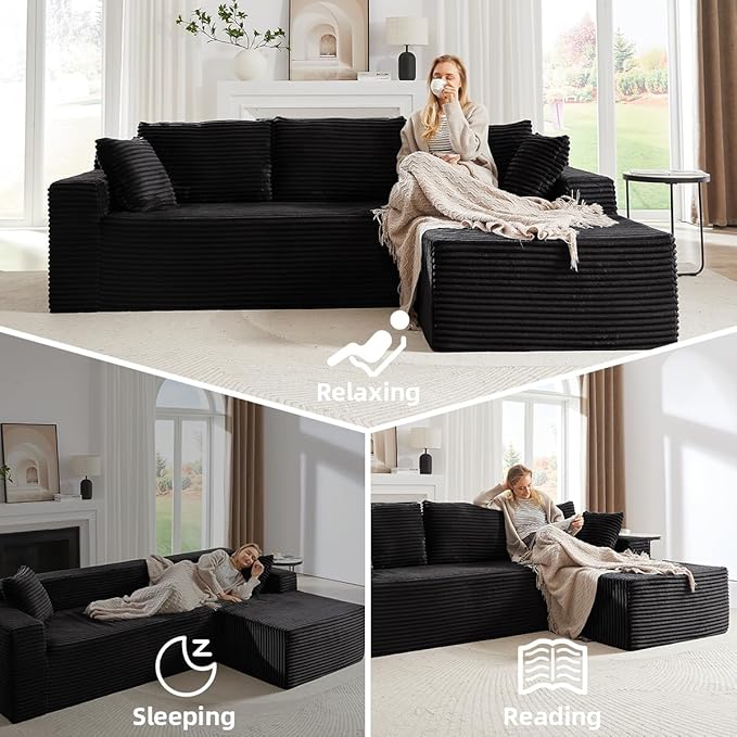 104 Inch Cloud Sectional Couch with L-Shape Chaise,Modern Upholstered Couches with Deep Seat,Corduroy Sponge Compressed Sofa for Living Room, Bedroom,No Assembly Required(Black)
