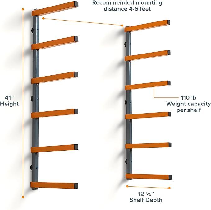 Bora Wood Organizer and Lumber Storage Metal Rack with 6-Level Wall Mount – Indoor and Outdoor Use, In Orange | PBR-001
