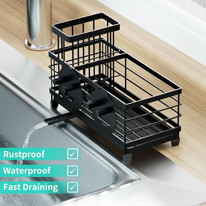 HapiRm Sink Caddy Sponge Holder - Self-draining Kitchen Sink Organizer with Smiley Face and Brush Holder, Stainless Steel Kitchen Sponge Caddy for Countertop - Black