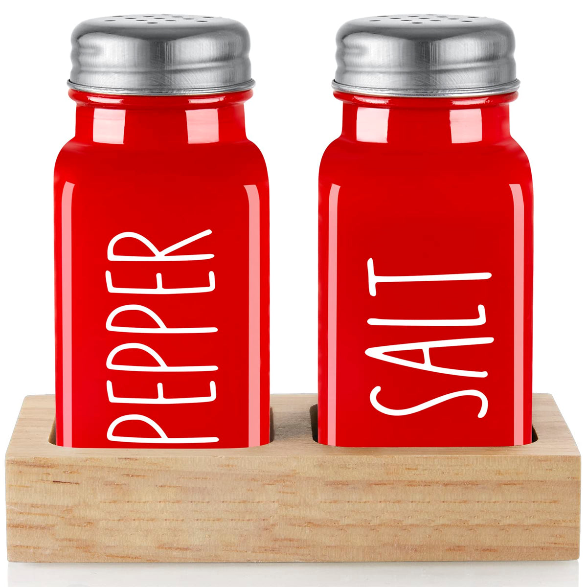 Red Salt and Pepper Shakers Set with Holder - Dopeca Glass Salt Shaker with Wood Tray for Kitchen Counter - Red Kitchen Decor and Accessories - for Christmas Kitchen Housewarming Gift - 2.7 oz