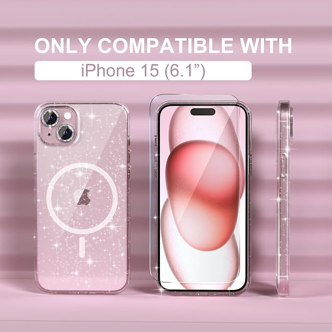 Choiche for iPhone 15 Pro Max Case Compatible with MagSafe Glitter Black | Women Girly Cute Glitter Sparkly Magnetic Phone Case with Diamond Camera Lens Protectors Military-Grade Drop Protection 6.7