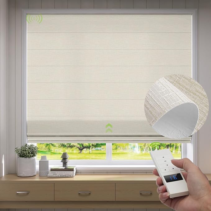 ZSTARR Smart Roman Shades Rechargeable Motorized Blinds with Remote Light Filtering Roman Window Shades Plain Fold Soft for Doors Bedroom, Custom Size (Light Beige)