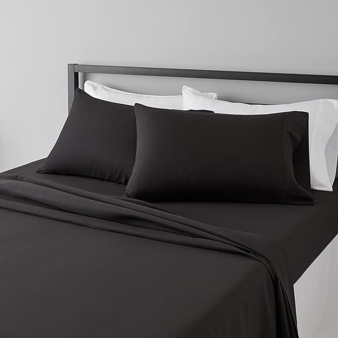 Amazon Basics Lightweight Super Soft, Breathable Wrinkle-Free Microfiber 4 Piece Bed Sheet Set with 14-Inch Deep Pockets, King, Black, Solid