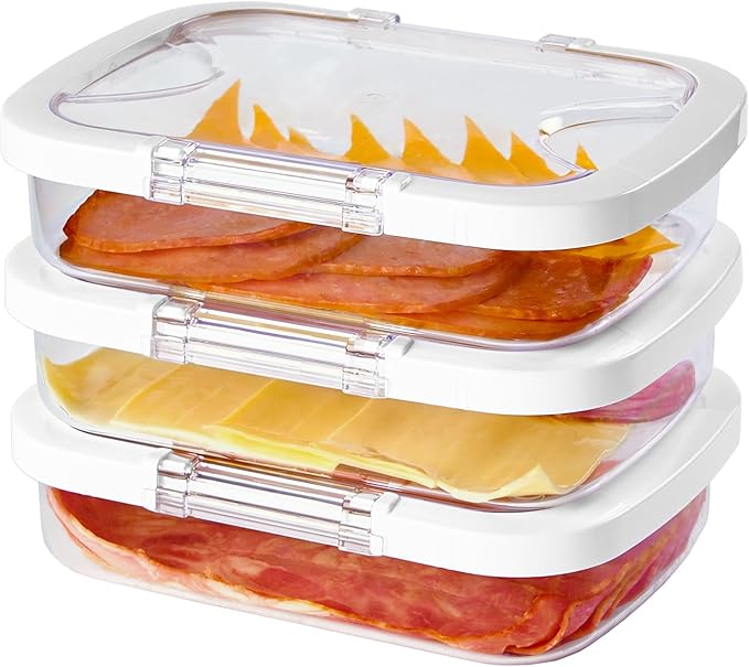 Felli Duo Loc Deli Meat Containers for Fridge with Airtight Lids, Stackable Refrigerator Organizer for Lunch Meat Storage Sandwich Ham Cheese Salami Sliced Turkey, Clear Tritan Box (Cold Cuts 3pk)