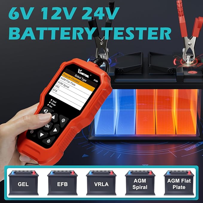 Car Battery Tester 6V 12V 24V VDIAGTOOL BT500, 5-3000 CCA Battery Load Tester, Starter Alternator Tester Automotive Charging Cranking System Analyzer for Car Truck Motorcycle SUV ATV Boat