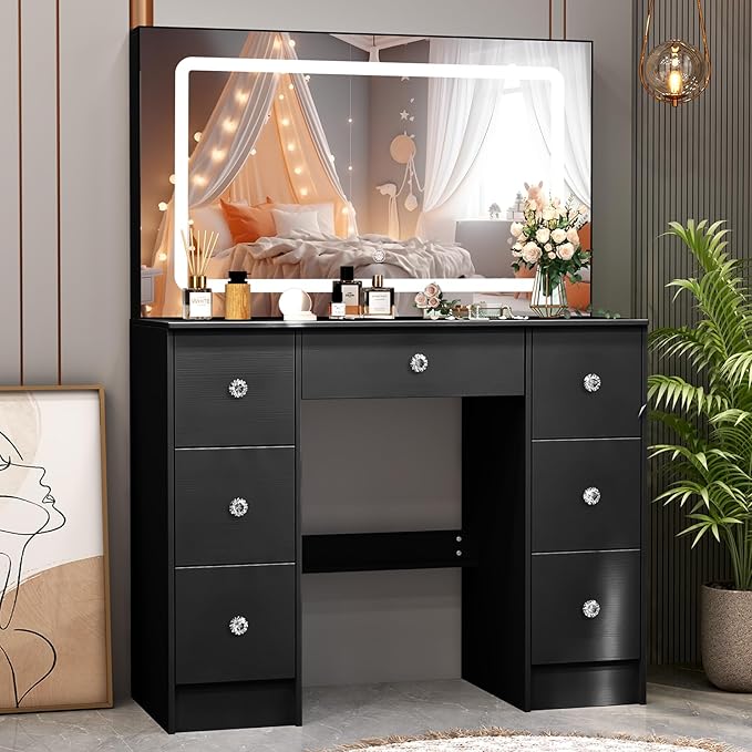 JBLCC Black Vanity Desk with Mirror and Lights, 39.4''W Makeup Vanity with 3-Color Lighted Mirror, 7 Drawers & Open Shelves, Big Vanity Table for Bedroom, Girls & Women