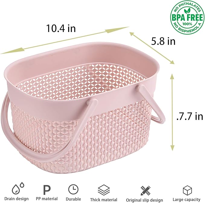 rejomiik 2 Pack Plastic Shower Caddy Basket, Portable Organizer Storage Tote with Handles Toiletry Bag Bin Box for Bathroom, College Dorm Room Essentials, Kitchen, Camp, Gym, Pink