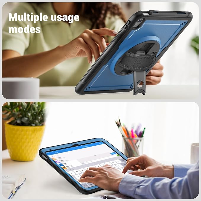 Case for iPad (A16) 11th Generation 11 inch 2025 Lightweight Rugged Dual-Material Design 360° Rotating Adjustable Leather Hand Strap Foldable Kickstand Durable with Full ProtectionBlue
