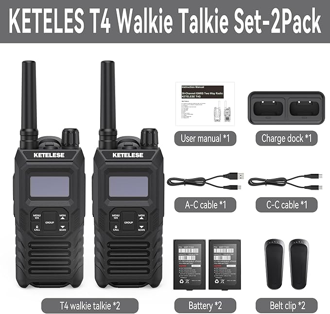 Ketelese T4 Walkie Talkies Long Range, IP67 Waterproof Dustproof Two Way Radio, Walkie Talkie Earpiece with Mic for Adult, USB, NOAA, VOX, Group Call, PTT(Black/ 2Pack)