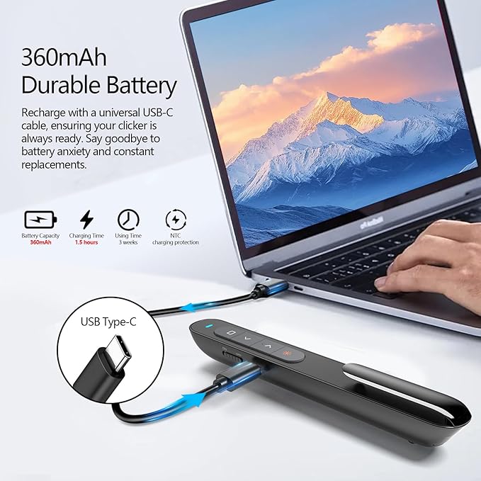 Norwii Rechargeable Bluetooth Presentation Clicker, Wireless Presenter, PowerPoint Presentation Remote with Pointer, Slide Clicker with 328ft Range for Teacher and Presenter, macOS Applicable