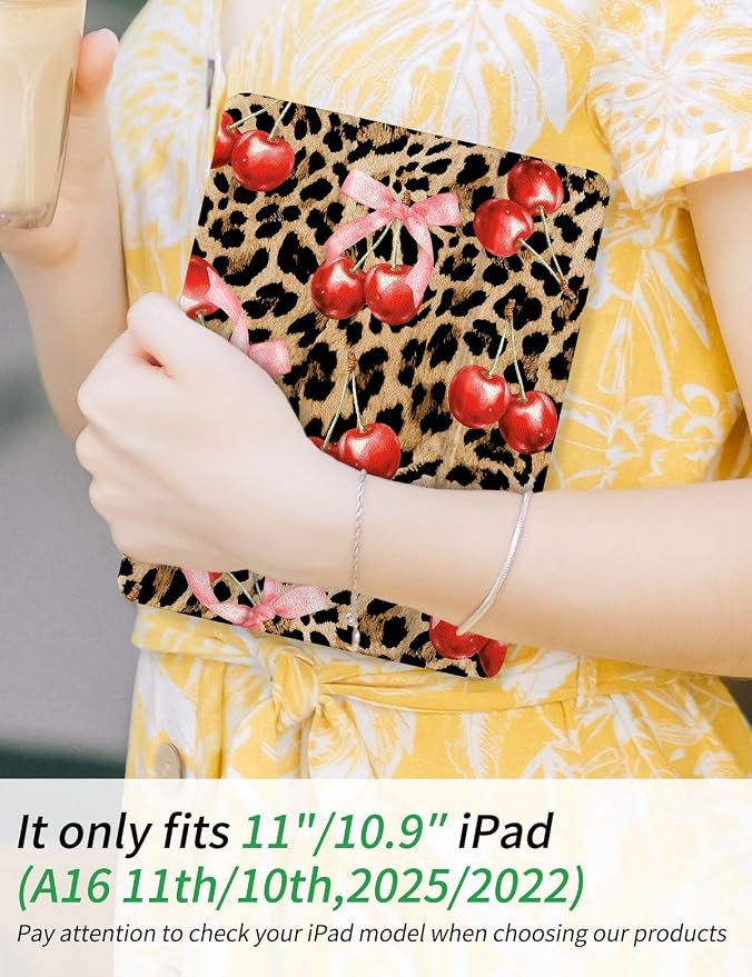 Case for iPad 9th/ 8th/ 7th Generation Case 10.2&amp10.5 Inch (2021/2020/2019 Release) Slim Lightweight Soft Trifold Back Cover with Pencil Holder &amp Auto Sleep/Wake Cover Cherries Cheetah Bows