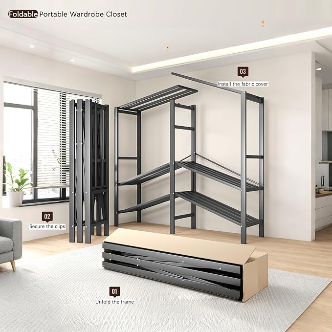 Foldable Portable Armoire Wardrobe Closet for Hanging Clothes Rack, Heavy Duty Covered Clothes Rack with Cover(HARDBOARD Magnetic), Closet Garment Rack for Bedroom Storage (KT Coffee, 66.14in)