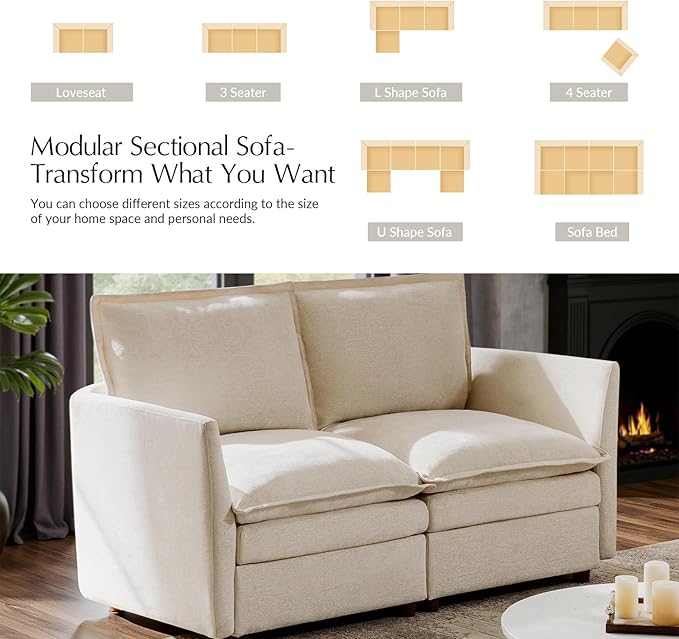 HULALA HOME 68'' Loveseat Sofa with Dual-Layered Cushions, 2 Seater Sofa with Storage Ottoman and Removable Cover, Modern Deep Seat Cloud Couch for Living Room, Beige