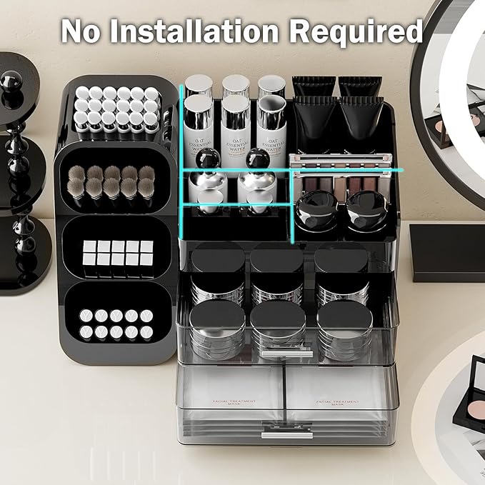 Makeup Organizer for Vanity with Brush Holder, Countertop Organizer with 2 Drawers, Spacious Cosmetic Display Case for Beauty Essential, Skincare, Lipstick