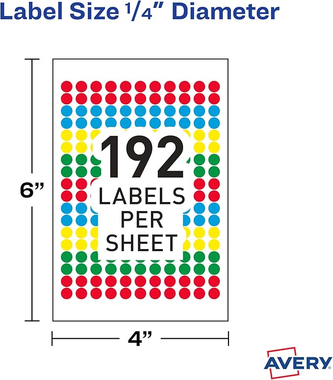 Avery Color-Coding Removable Labels, 1/4 Inch Round Labels, Assorted Colors, Non-Printable, 3 Packs, 2,304 Dot Stickers Total (5641)