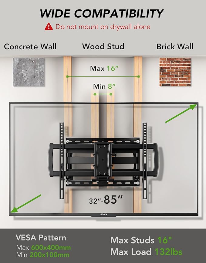 Full Motion TV Wall Mount Bracket for Most 32-85 inch TVs,TV Mount with Dual Articulating Arms,Tilt/Swivel/Extension/Leveling,Fits 8” 12” 16" Studs,Max VESA 600x400mm, Holds up to 132lbs