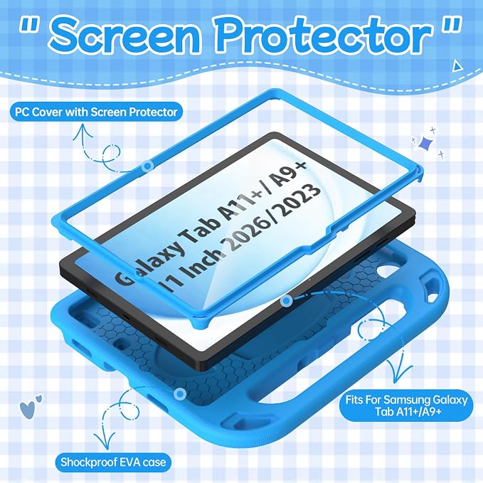 BMOUO Kids Case for Samsung Galaxy Tab A11+ Plus 11” 2026/A9+ Plus 2023 11 inch Tablet with Screen Protector Shockproof Lightweight Stand Handle Galaxy Tab A11 Plus/A9 Plus Case for Kids Black