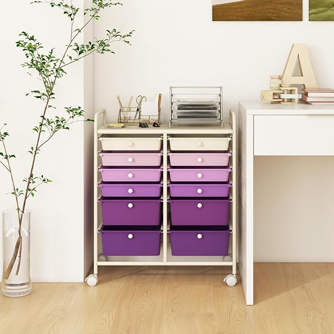COSTWAY 12-Drawer Rolling Storage Cart, Moveable Art Craft Organizer W/Lockable Wheels, Metal Shelf, Files Arrangement Tools Makeup Storage Cart for Office, Home, School, Purple Gradient