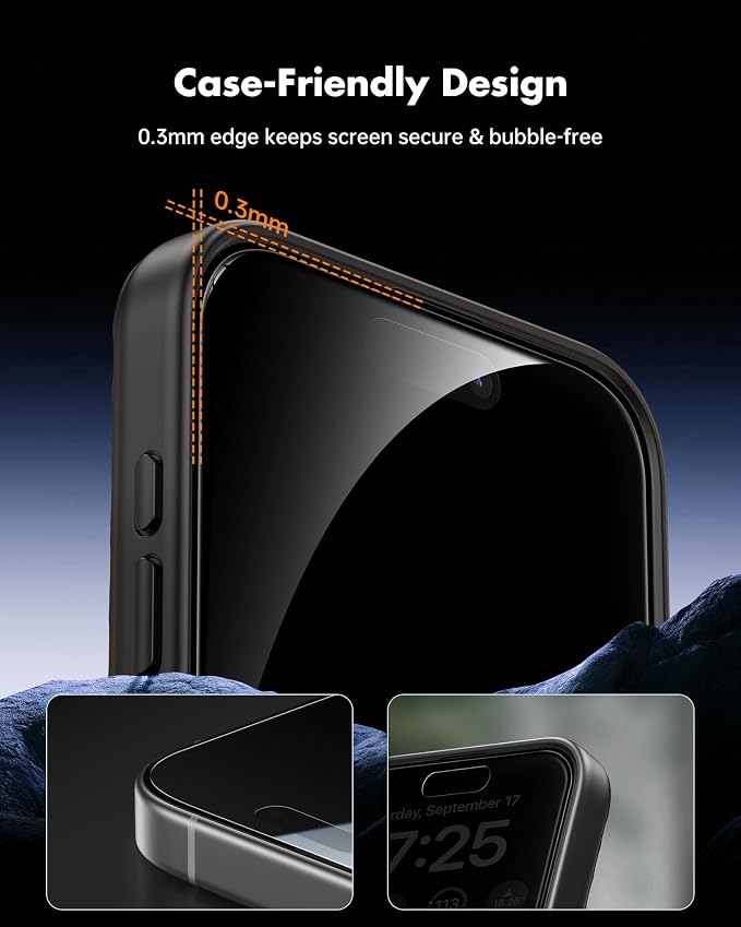UNBREAKcable iPhone 15 Privacy Screen Protector 2-Pack Upgraded Dual-Tempered Glass + 2 Camera Lens Protectors 25° Anti-Spy Military-Grade 9H+ HD Clear Anti-Fingerprint 6.1 Inch