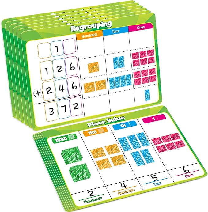 12 Pack Place Value Chart Dry Erase Flash Cards,9" x 12" Base Ten Addition and Subtraction Regrouping Math Manipulatives 1st 2nd 3rd Grade Classroom Must Haves Teacher Homeschool Supplies