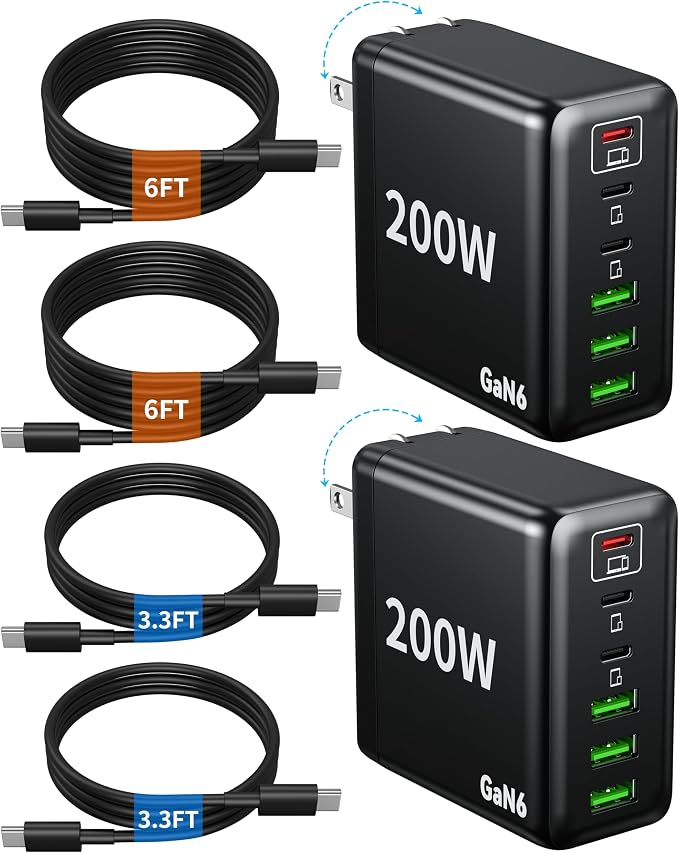 2 Pack USB C Charger Block 200W GaN Super Fast Charger Type C Fast Charging 6 Port Foldable PD Charging Station for All Phone/Android Samsung Galaxy S25/S24/MacBook iPad