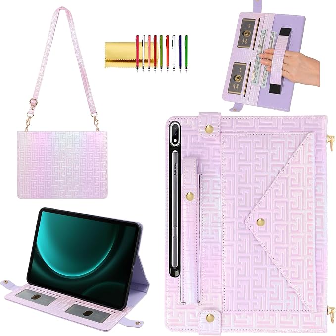 Handbag Case for Samsung Galaxy Tab S10 FE/S9 FE 10.9/S9/S8/S7 11 Techcircle Folio Stand Crossbody Wallet Protective Cover with S Pen Holder &amp Card Slots Hand Strap &amp Shoulder Strap Black