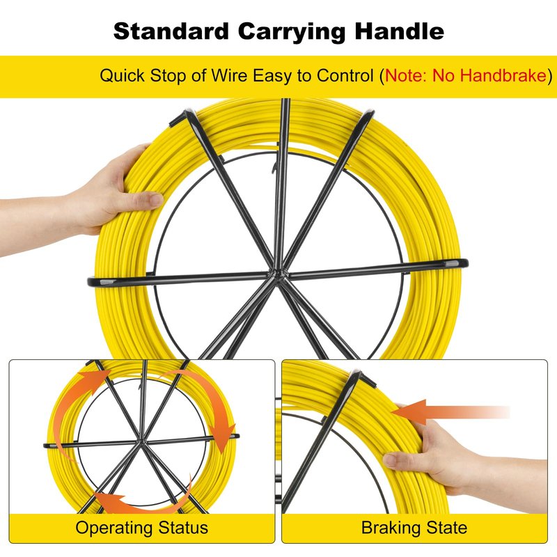 Non-Conductive Fiberglass Fish Tape Duct Rodder, 6mm x 200m (656ft) with Steel Reel Stand, Professional Cable Puller for Electrical Conduit and Wall Installation