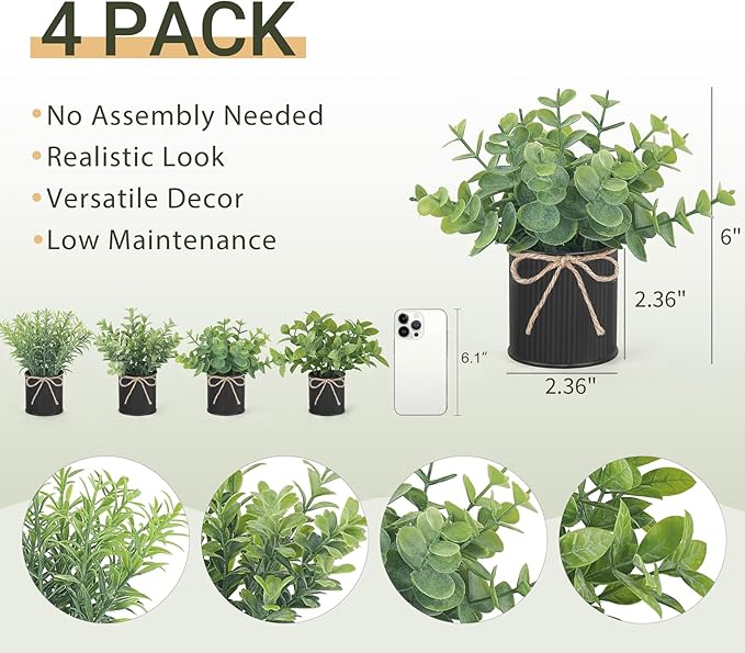 Mkono 4 Packs Small Fake Plants in Farmhouse Galvanized Pots Mini Potted Artificial Eucalyptus Plants for Halloween Decorations Shelf Office Bathroom Rustic Home Decor (Black)